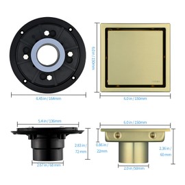 4-Inch Square Shower Drain, Brushed Gold Floor Drain with Flange, 304 Stainless Steel Bathroom 2-in-1 Tile Drain