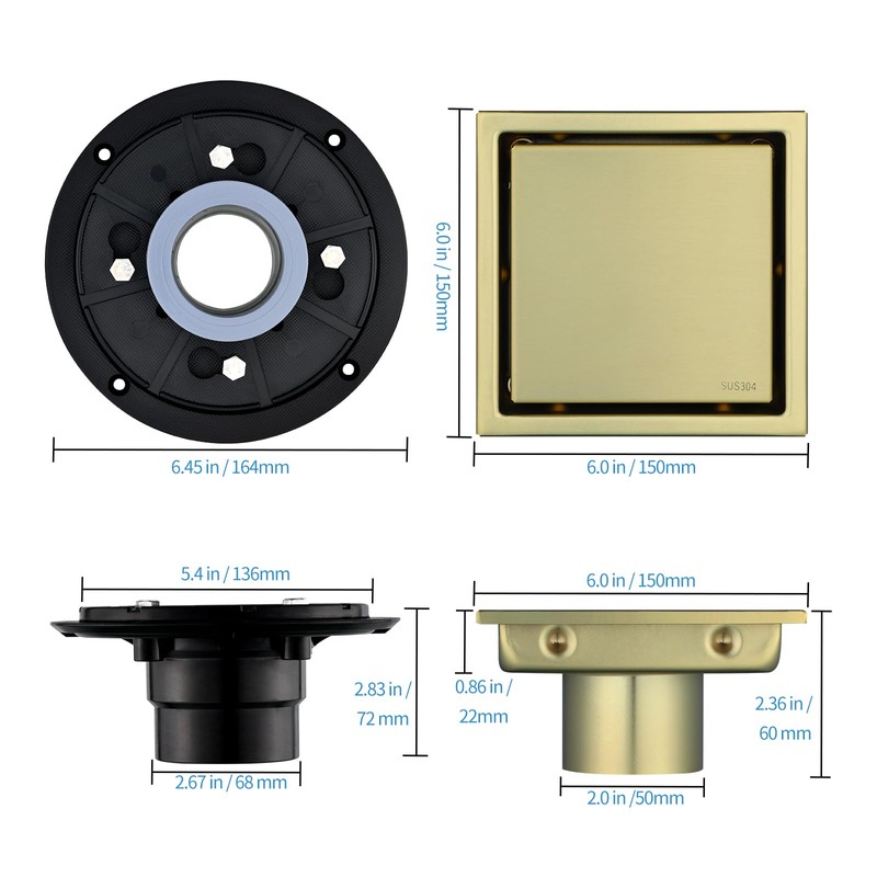 4-Inch Square Shower Drain, Brushed Gold Floor Drain with Flange,
