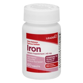 Leader Slow Release Iron 45MG Tablets 60 Ct. Gentle on Stomach Supports Red Blood Cells