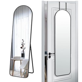SCWF-GZ 57x16 Door Hanging Full Length Mirror, Floor Stand (Height 5.7ft just Body in1.3ft) / Wall Mounted Metal Frame Arch Dressing Mirrors for Bedroom Living Room 57 inch Black