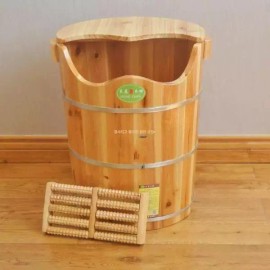 Hinoki 히노끼 편백나무 족욕통 건식 40cm 가정용 [45 곡입구 통+뚜껑+마사지기] Hinoki Cypress Foot Bath Tub Dry Type 40cm Home Use [45 Groove Outlet Tub + Lid + Massager]