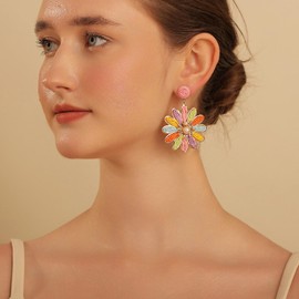 RUOFFETA Boho Raffia Flower Earrings for Women – Lightweight Dangle Jewelry, Summer Beach Vacation Accessories(Coloful)