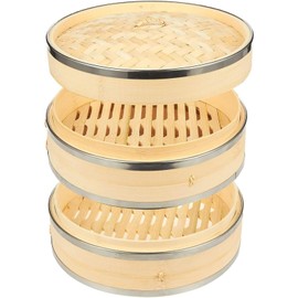 Juvale 2-Tier Steamer Pot Insert with Steel Rings - 10" x 6.5", Beige - Bamboo & Steel Stackable Basket for Rice & Dumpling Steamer for Vegetables