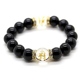 [Ishikui] B347 Born in Tatsumi Gold Carved Crystal with Patron Letter 0.6 inch (14 mm) Natural Stone Onyx 12mm Prayer Beads Bracelet, Stone, Onyx