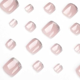 Square Press on Toenails Pink Fake Toenails with Glitter Design French Tip Fake Nails Acrylic Summer Toe Nails for Women Artificial Glossy Toe Nail 24Pcs