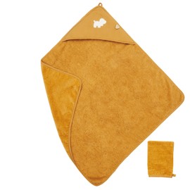 Nattou Kapuzenbadetuch mit Waschlappen, Hund Charlie, Ideal zum Abtrocknen, Ca. 75 x 75 cm, Vegan, Baumwolle/Polyester, Beige