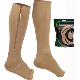 NURCOM Zipper Copper Compression Socks Open Toe Beige 20-30 mmHg Knee High Stockings, Designed for Circulation, Varicose Veins, Swelling, Venous Insufficiency, Post-Operative Recovery, 2X-Large