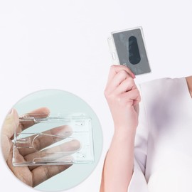 2 Pcs ID Card Badge Holder,Hard Plastic Badge Holder,Slider Card Badge Holder,Clear Badge Holders Hard Plastic Card Holder ID Credit Card Protector with Thumb Slot