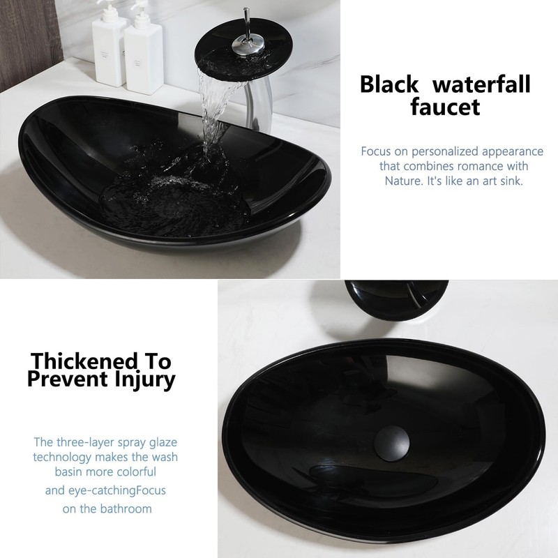 Washly Black Oval Bathroom Vessel Sink Tempered Glass Washing Bowl