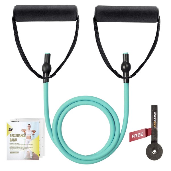 RitFit Single Resistance Exercise Band with Comfortable Handles - Ideal for Physical Therapy, Strength Training, Muscle Toning - Door Anchor and Starter Guide Included (Aqua(12-16lbs))