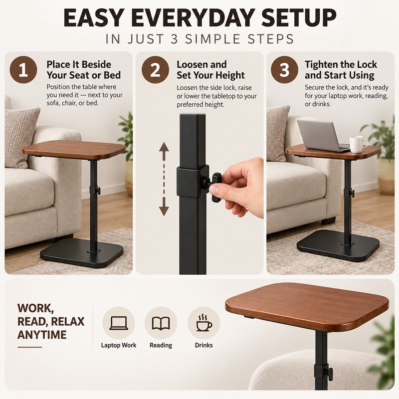 Adjustable Laptop Side Table for Small Spaces – Tilting 30×40cm