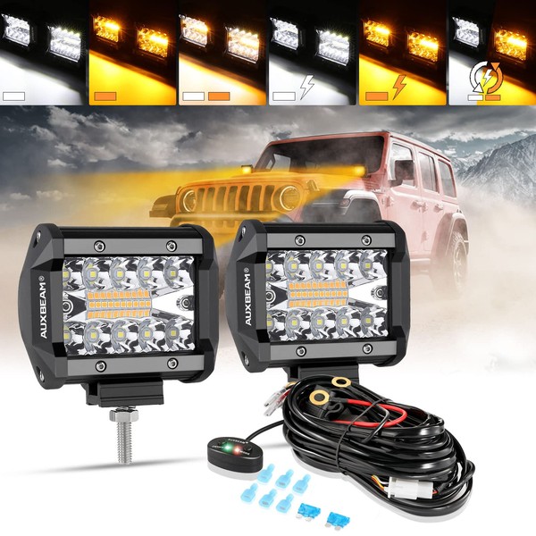 Auxbeam 4 Inch LED Pods Strobe Pod Light Bar, 120W Amber White 6 Modes Fog Light Spot Offroad Driving Lights, 12000LM Triple Row Memory Function with Wiring Harness Kit - 2 Pack