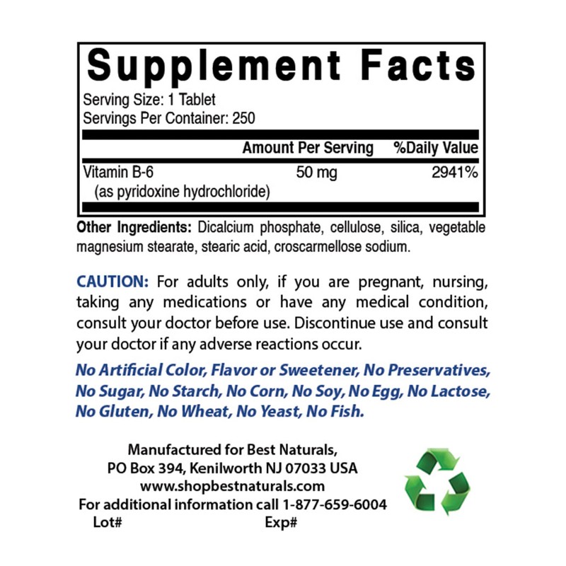 Best Naturals Vitamin B6 50 mg 250 Tablets (250 Count