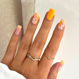 Medium Square Press on Nails Yellow French Tip Fake Nail with Flowers Design Orange Full Cover Glossy Acrylic Nails Press ons Spring Glue on Nail for Girls 24Pcs