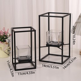 PYSYY Set of Candlestick Holders in Two Sizes, Versatile Square Glass Candle Holder with Black Frame, Moden Style Candle Stand for Home Decor, Wedding, Party & Table Centerpiece