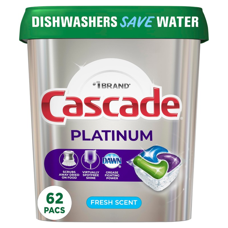 Cascade Platinum Dishwasher Pods, Dishwasher Detergent, Actionpacs, Fresh, 62 Count
