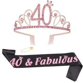 ruggito 40th Birthday Costume Set For Women,Include 40th Black Satin Sash,Birthday Crown Tiara and Round Brooch Clip Pin for 40th Birthday Party Decorations
