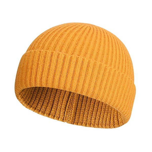 ROYBENS Swag Wool Knit Cuff Short Fisherman Beanie for Men Women, Winter Warm Hats, Yellow