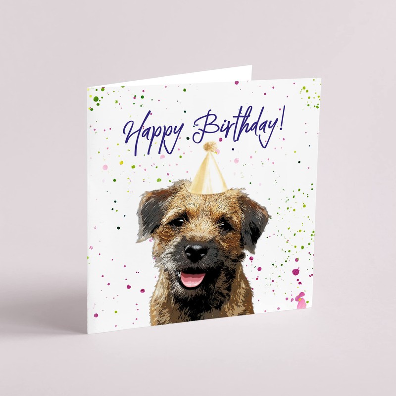Curled Up Border Terrier Birthday Card - Party Hat