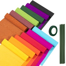 12 Colors Crepe Paper Rolls, 10 x 98Inch Wide Crepe Paper Sheets with Floral Stem Wire and Green Floral Tapes for DIY Gift Wrapping Paper Crafts Birthday Wedding Holiday Paper Flower(Deep Colors)