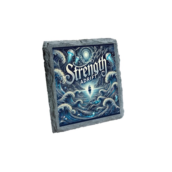 Strength Adrift Slate Coaster with Ocean Waves and Jellyfish Artwork