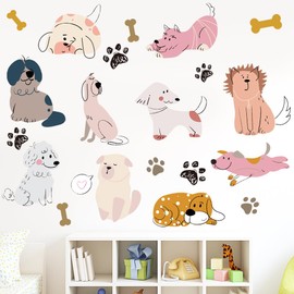 SUPERDANT Cartoon Dogs Wall Stickers Puppy and Bones Wall Decal Kids Room Peel and Stick Art Sticker DIY Animals Colorful Vinyl Mural for Nursery Kids Bedroom Playroom Classroom 90x30CM