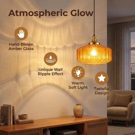 Eemmwet Plug in Pendant Light, 11-inch Pendant Lights Brushed Gold Hanging Light Plug in Base with Amber Hand-Blown Glass Lampshade, Hanging Light Plug in for Kitchen Island Dining Living Room
