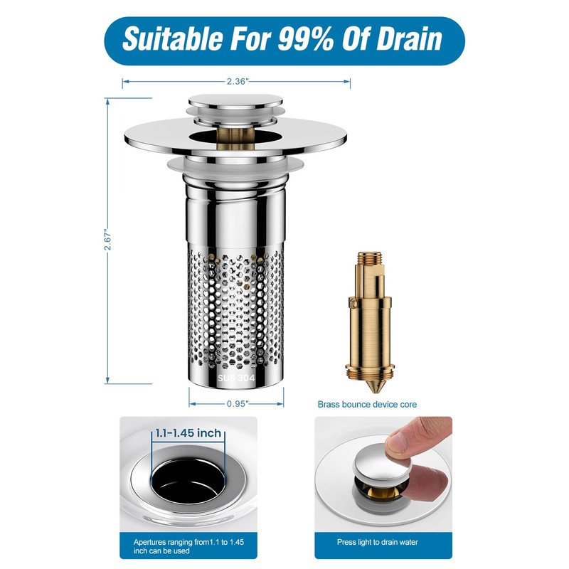 Bathroom Sink Drain Strainer,Pop-up Sink Drain Strainer for U.S. Standard