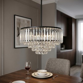 Helitemis Modern Tiered Crystal Chandelier, Black Modern Pendant Light with Height Adjustable Rod, G9 Base Compatible, Luxury Ceiling Light Fixture for Dining Room Living Room Foyer (15.8 INCH)