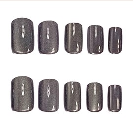 SINHOT Square Press on Nails Medium - Silver Cat Eye Fake Nails Glossy Glue on Nails Bling Glitter Acrylic Nail Supplies Squoval Artificial Nail Art Stick on False Nails with Design DIY 24 pcs
