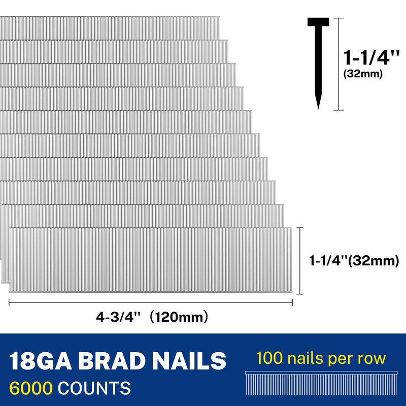 WORKPRO 1-1/4" 18Gauge Brad Nails, 6000 Count Universal Brad Nails
