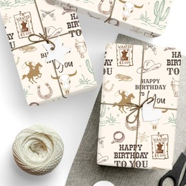 FYSUIMU 6 Sheets Happy Birthday Wrapping Paper - Not Roll - Western Cowboy Gift Wrap Paper Folded Flat for Wild West Rodeo Birthday DIY Crafts, 19.7 x 27.6 Inch
