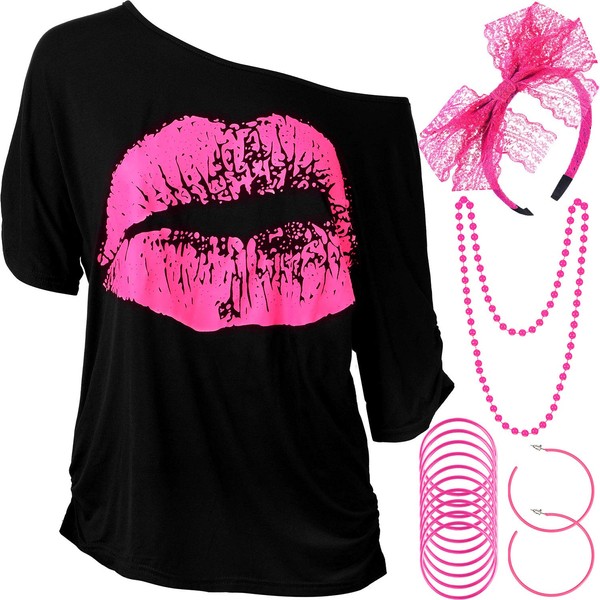 Blulu 80s Women's Costume Accessories Set, T-Shirt with Lips Print Lace Band Bracelet Necklace Earrings for 80s Theme Party (Rosa Red, XL)
