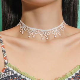 Allereya Boho Flower Lace Necklace White Lace Choker Necklace Lace Beaded Necklace Lace Tattoo Necklace Lotus Floral Necklace Jewelry for Women