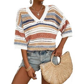 Saodimallsu Womens V Neck Crochet Sweaters Striped Short Sleeve Pullover Hollow Out Tops Beach Cruise Outfits 2025 Khaki