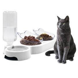 Triple Dog Cat Bowls,15°Tilt 3- in- 1 Water Feeder Bowls Cat Double Food Bowls with Automatic Water Bottle Bowl,Removable Cat Wet and Dry Food Bowl Set for Small Cat and Puppy (White)