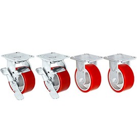 4" X 2" Swivel Caster Heavy Duty Red Polyurethane Wheel on Steel Hub with Brakes (2) and Fixed (2) 2,800lbs Per Set of 4 Tool Box Casters - CasterHQ Brand (4")