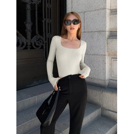 OQQ Women's 2 Piece Bodysuits Sexy Ribbed One Piece Square Neck Long Sleeve Tops Black Beige