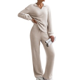 EVALESS Womens Pajama Sets Long Sleeve Sleepwear Matching Pj Pants 2 Piece Lounge Set Soft Comfy 2025 Fall Winter Ribbed Knit Loungewear Home Postpartum Airport Outfits Apricot Petite Small
