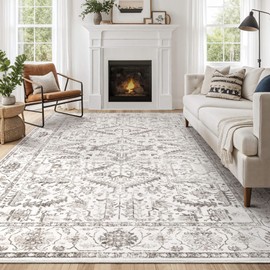 Area Rugs 5x8 for Living Room - Washable Soft Large Vintage Rug Non-Slip Stain Resistant Traditional Stain Resistant Indoor Floor Low Pile Carpet for Bedroom Dining Room or Home Office - White