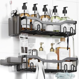 Shower Caddy Set: Adhesive Stainless Steel Shelves with Soap Dish & 16 Hooks - Color: Gray