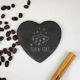 eBuyGB Engraved Heart Slate Coaster -Seven-Tea Design - 70th Birthday Gifts for Women, Her - Seventieth Birthday Gift for Mum, Grandma - Drinks Mat, Grey