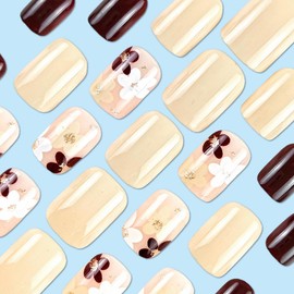 Fall Press on Nails Short Square Fake Nails Yellow Flower False Nails with Brown Blossoms Glitter Designs Glue on Nails Thanksgiving Stick on Nail Cute Acrylic Nail Full Cover Glossy Artificial