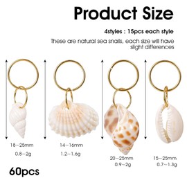 Bewudy 60 Pcs Seashell Conch Dreadlock Rings Charms, Shell Hair Clip Beach Style Braided Hair Cowrie Shells for Hair for Women Dreadlock Accessories