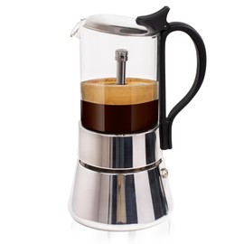 Clear Glass Moka Pot Stainless Steel Coffee Maker Stovetop Espresso Percolator Coffeemaker Italian Classic Style Brewing Greca Cafe Mocha Machine for Cafeteras Camping Travel and Home Use 4 Cup 220ml