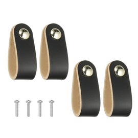 PATIKIL Leather Drawer Pulls, 4 Pcs Leather Handle Single Hole Cabinet Dresser Knobs with Screw for Bathroom Kitchen Dresser Cupboard Door, Black