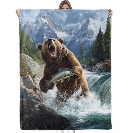 Bidesk Roaring Bear Flannel Blanket - Soft, Cozy, Lightweight, Fuzzy, and Warm Throw - Perfect for Couch, Bed, Travel, and Outdoor Use - for Men Women Adults Kids 60"×50"