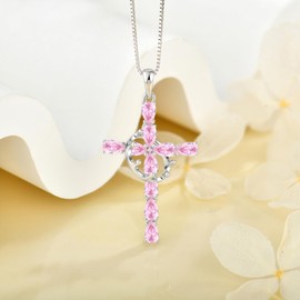 Vinoya Crown Cross Necklace for Women 925 Sterling Silver Pear Shaped Pink Tourmaline Birthstone Pendant Necklaces Cross Necklace with Rotatable Crown Jewelry