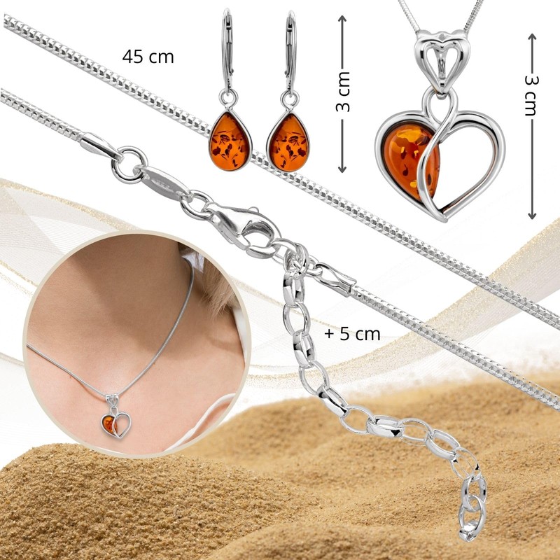 Copal Amber and Sterling Silver Heart Jewellery Set, amber, Amber