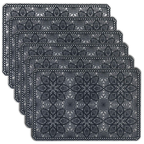 Rigid Lace Printed Vinyl Solid Placemats (Gray), Set of 6